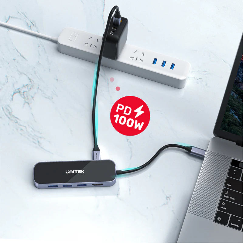 Unitek D1084A uHUB H6 Gloss 6-in-1 USB-C Ethernet Hub With HDMI and 100W Power Delivery Unitek D1084A uHUB H6 Gloss 6-in-1 USB-C Ethernet Hub With HDMI and 100W Power Delivery